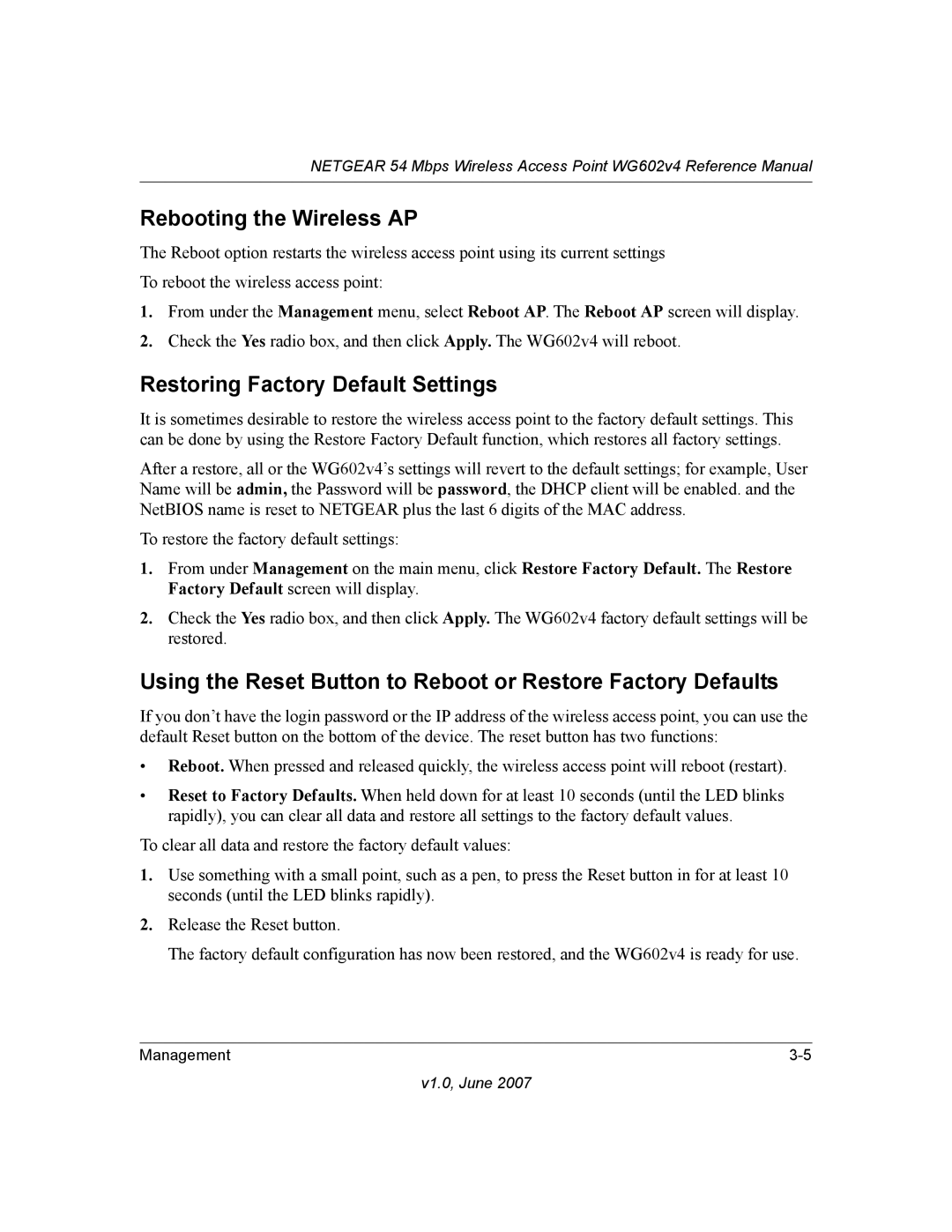 NETGEAR WG602V4 manual Rebooting the Wireless AP, Restoring Factory Default Settings 