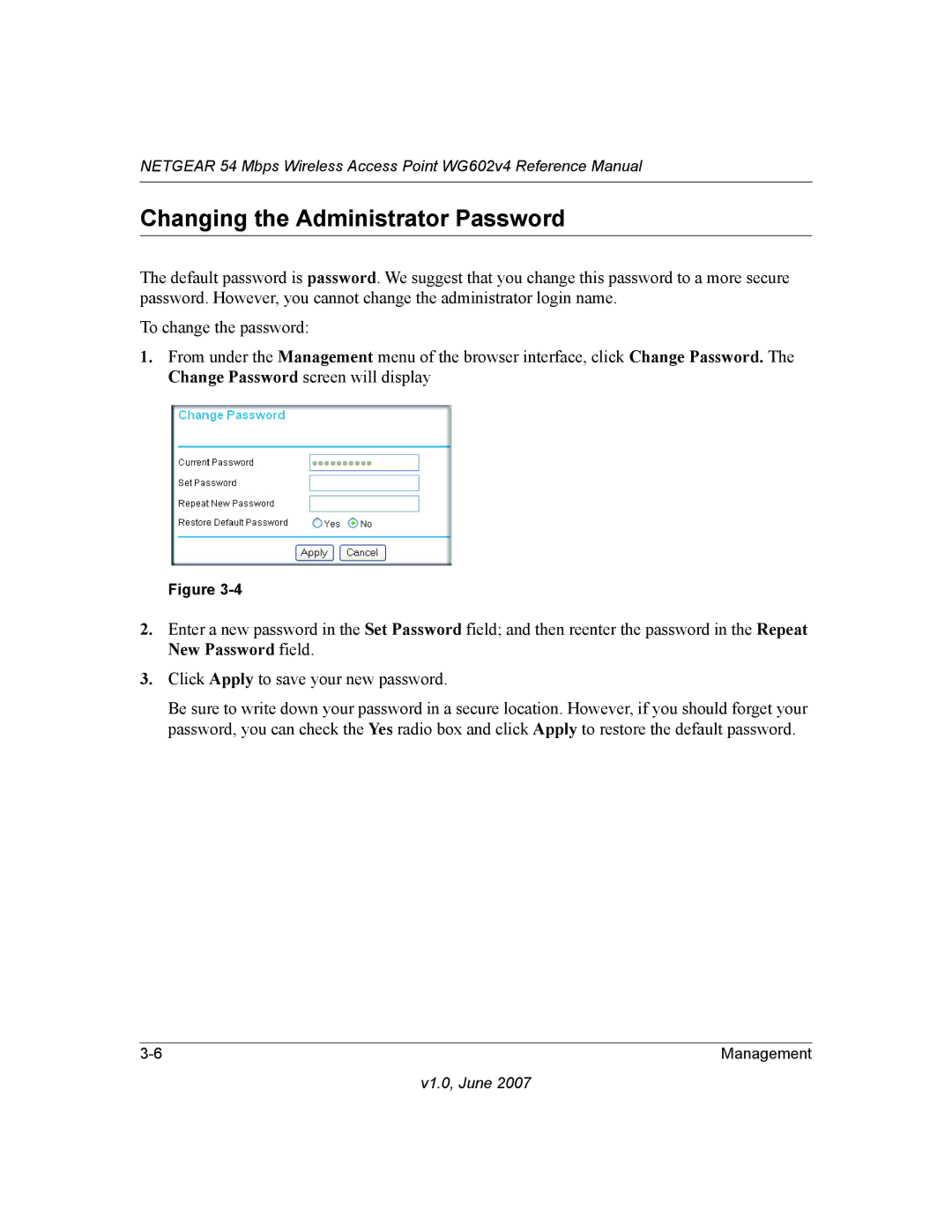 NETGEAR WG602V4 manual Changing the Administrator Password 