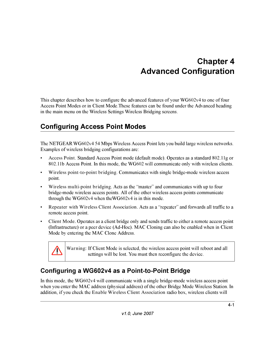 NETGEAR WG602V4 manual Chapter Advanced Configuration, Configuring Access Point Modes 