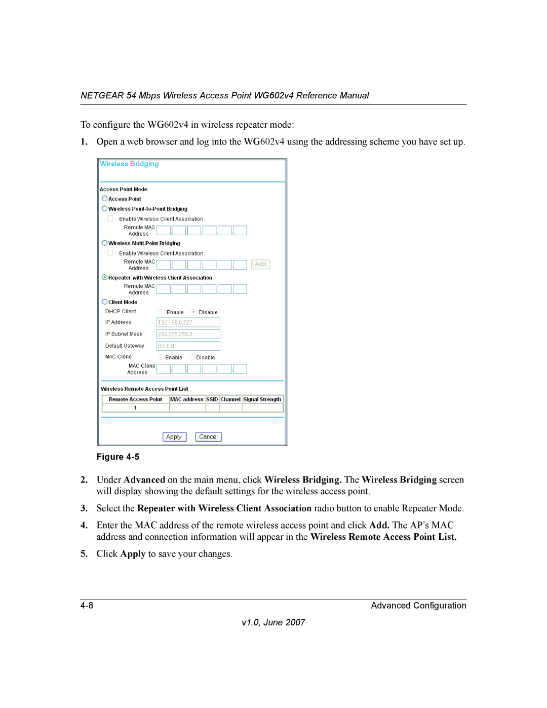 NETGEAR WG602V4 manual Click Apply to save your changes 