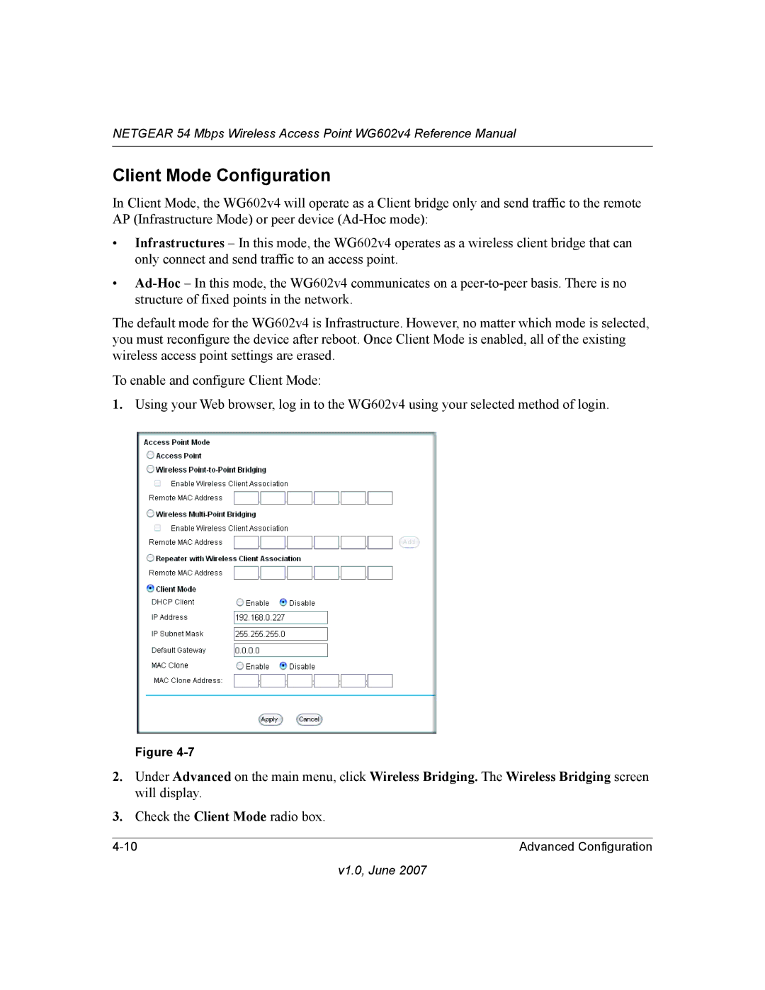 NETGEAR WG602V4 manual Client Mode Configuration, Check the Client Mode radio box 