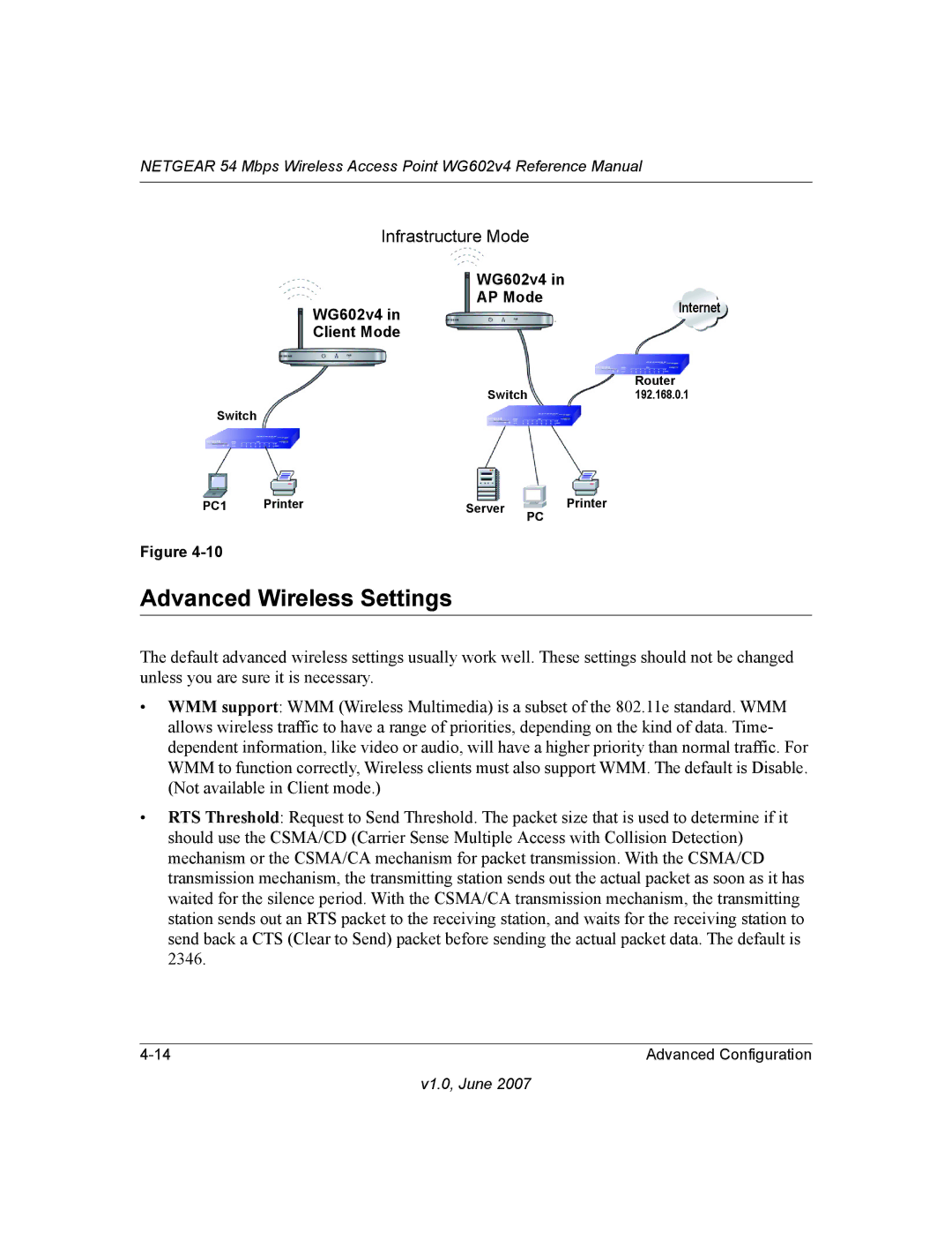 NETGEAR WG602V4 manual Advanced Wireless Settings, WG602v4 AP Mode WG602v4 inInternet Client Mode 