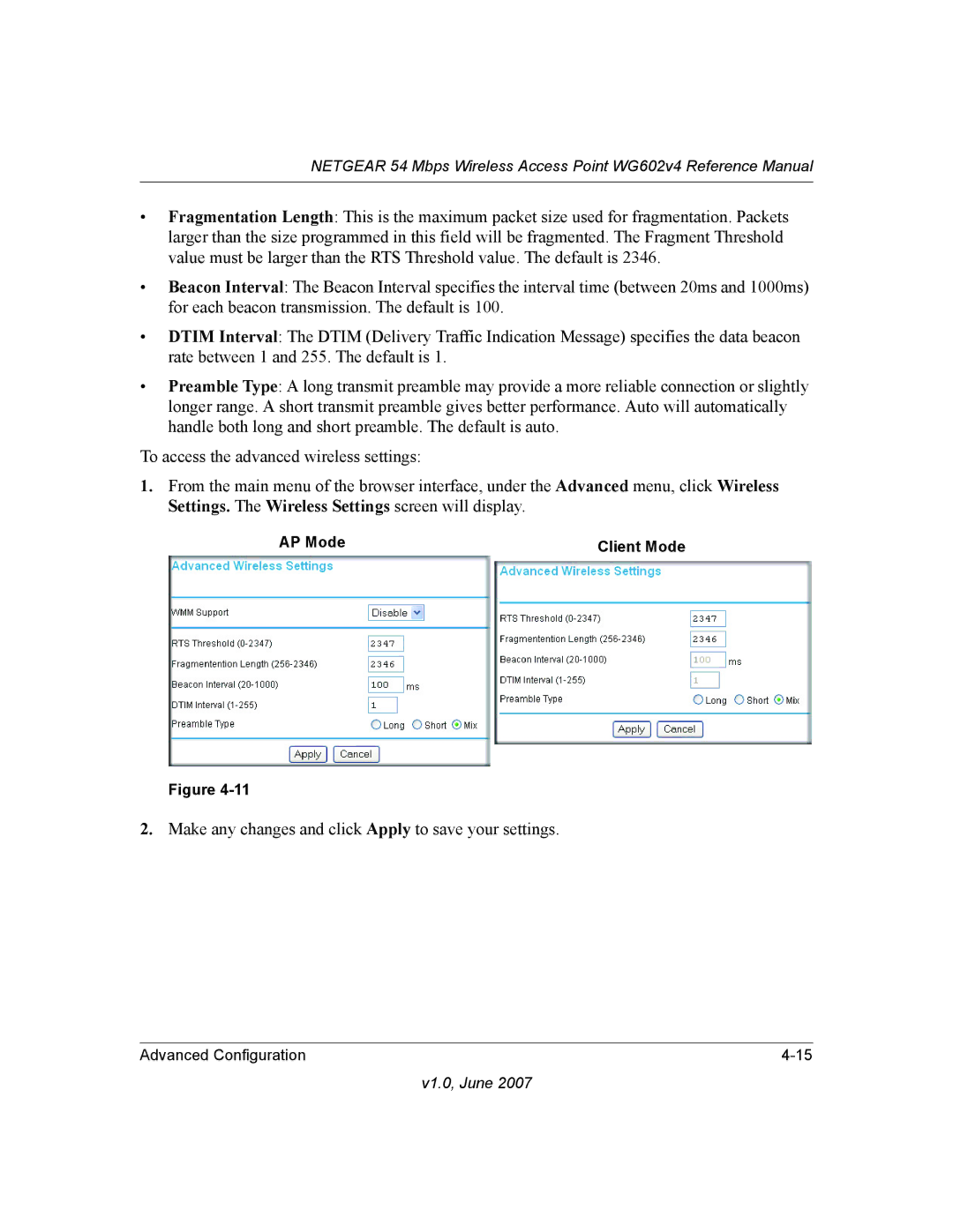 NETGEAR WG602V4 manual Make any changes and click Apply to save your settings 