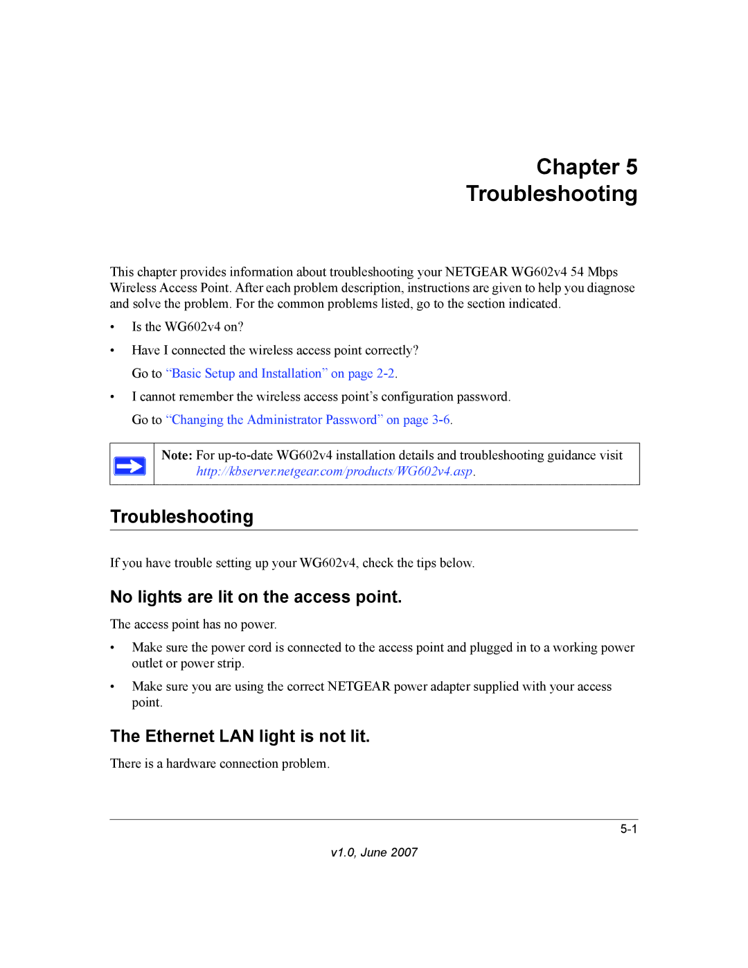 NETGEAR WG602V4 manual Chapter Troubleshooting, No lights are lit on the access point, Ethernet LAN light is not lit 