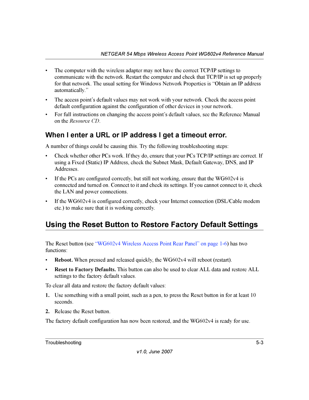 NETGEAR WG602V4 manual Using the Reset Button to Restore Factory Default Settings 