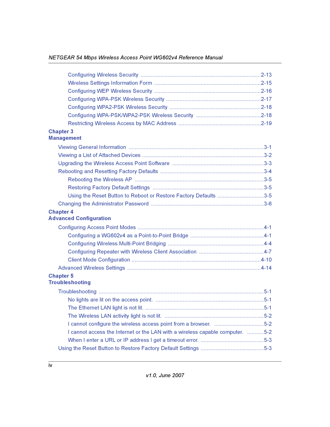 NETGEAR WG602V4 manual Chapter Management 