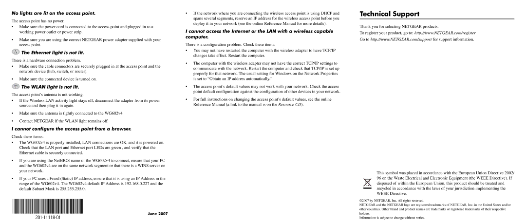 NETGEAR WG602V4 Technical Support, No lights are lit on the access point, Ethernet light is not lit, Wlan light is not lit 