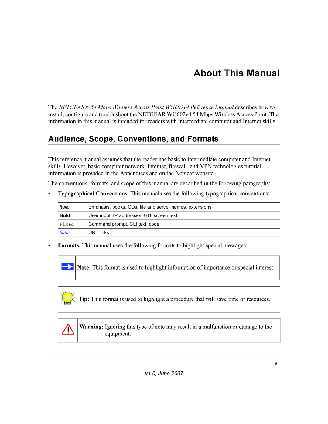 NETGEAR WG602V4 manual About This Manual, Audience, Scope, Conventions, and Formats 