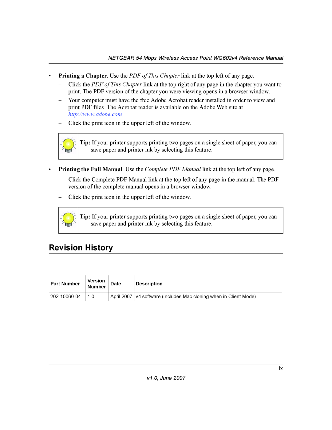 NETGEAR WG602V4 manual Revision History, Part Number, Version, Date, Description, 202-10060-04, April 