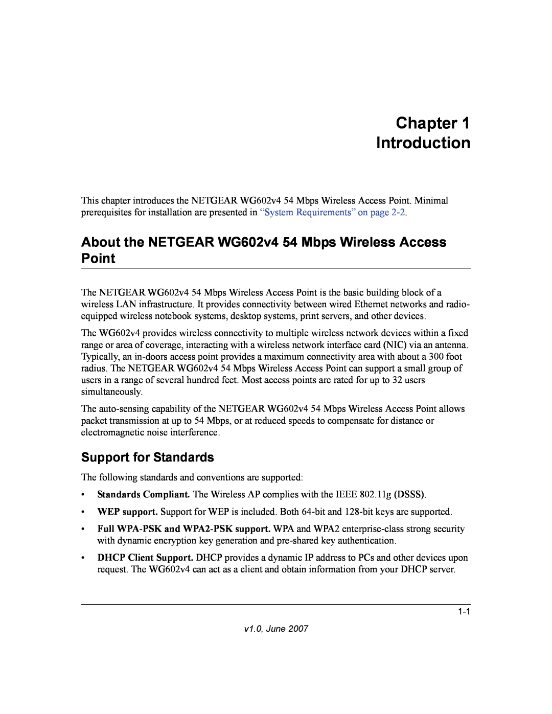 NETGEAR WG602V4 manual Chapter Introduction, About the NETGEAR WG602v4 54 Mbps Wireless Access Point, Support for Standards 