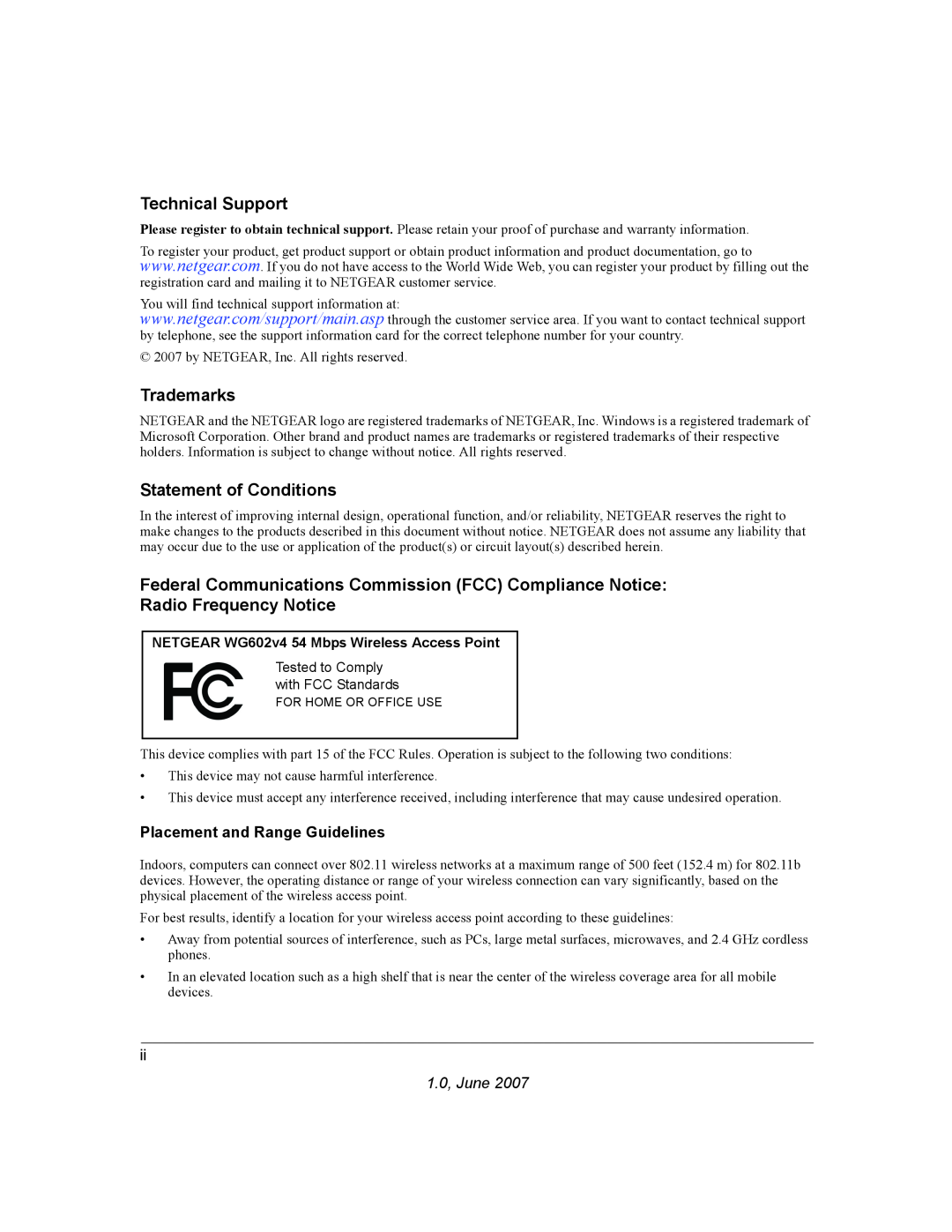 NETGEAR WG602V4 manual Technical Support, Trademarks, Statement of Conditions, Placement and Range Guidelines, 1.0, June 