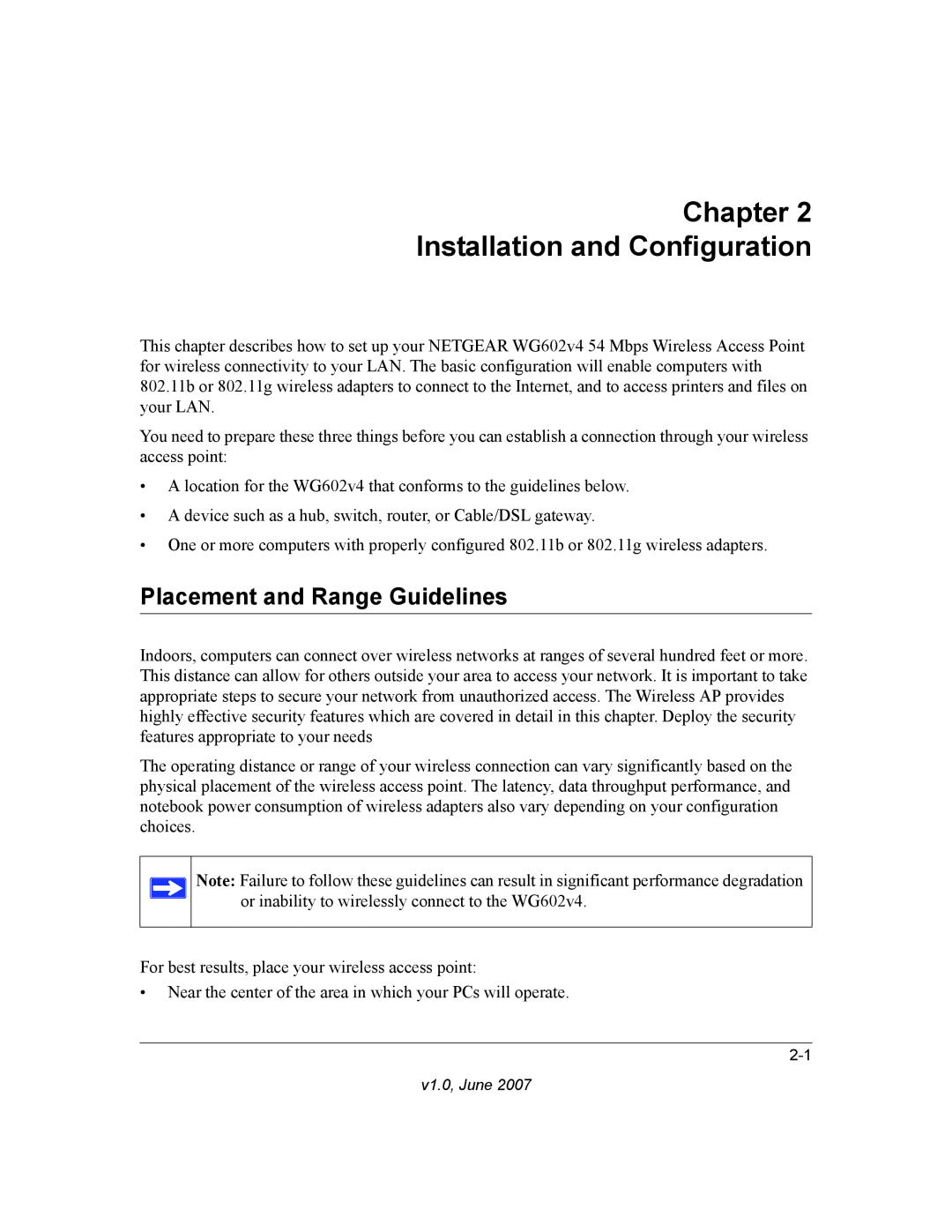 NETGEAR WG602V4 manual Chapter Installation and Configuration, Placement and Range Guidelines 