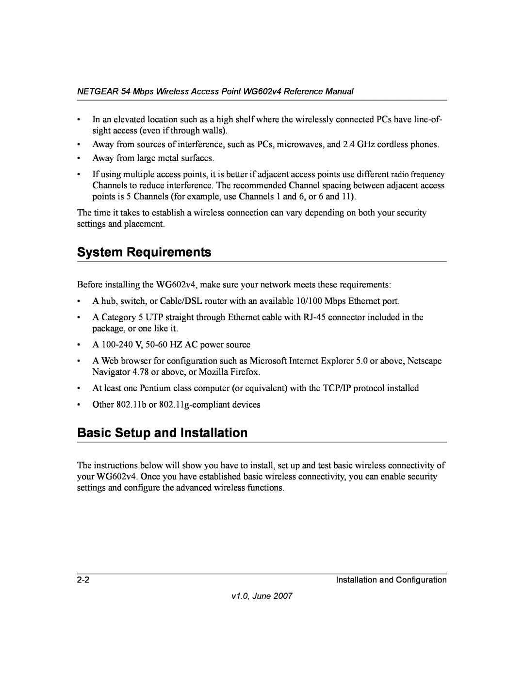 NETGEAR WG602V4 manual System Requirements, Basic Setup and Installation 