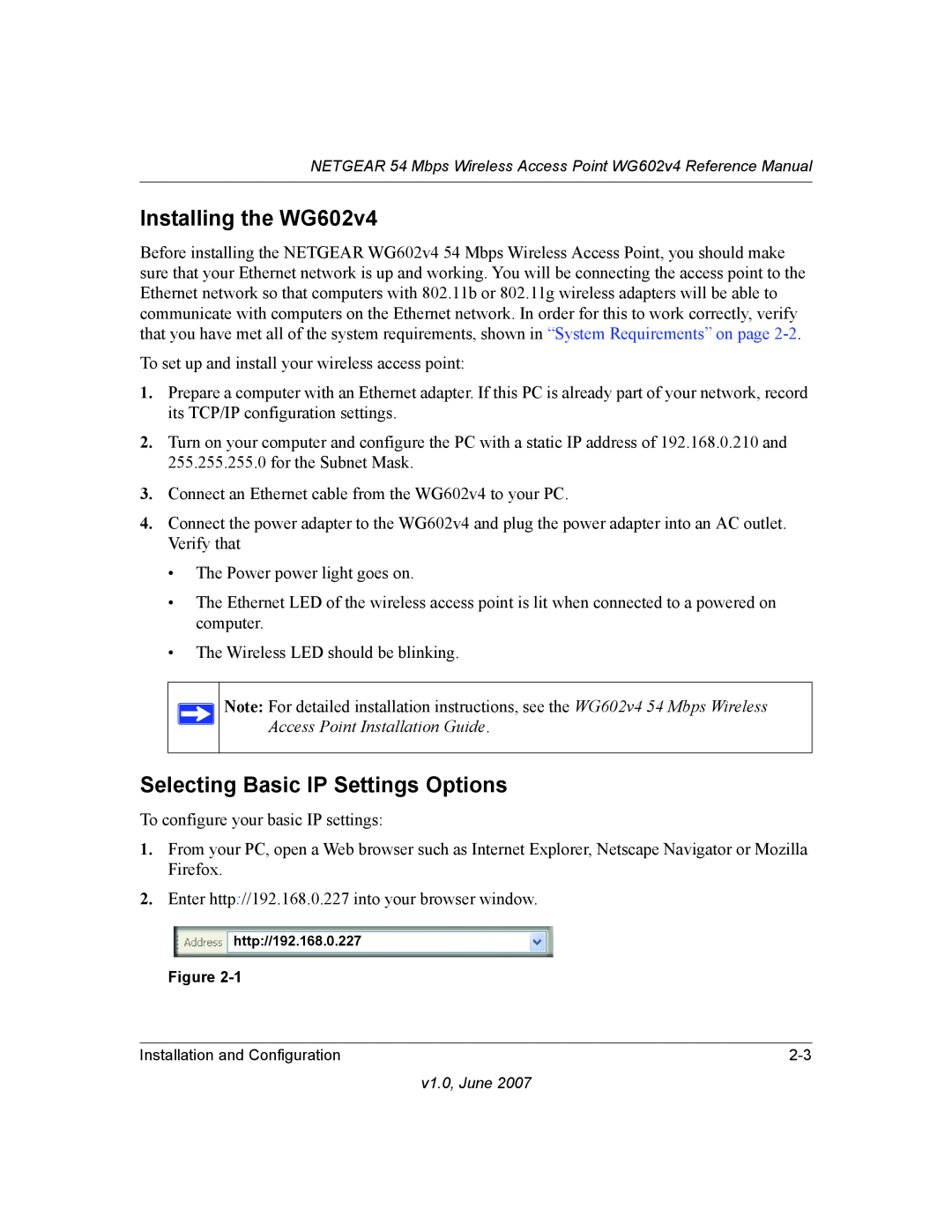 NETGEAR WG602V4 manual Installing the WG602v4, Selecting Basic IP Settings Options 