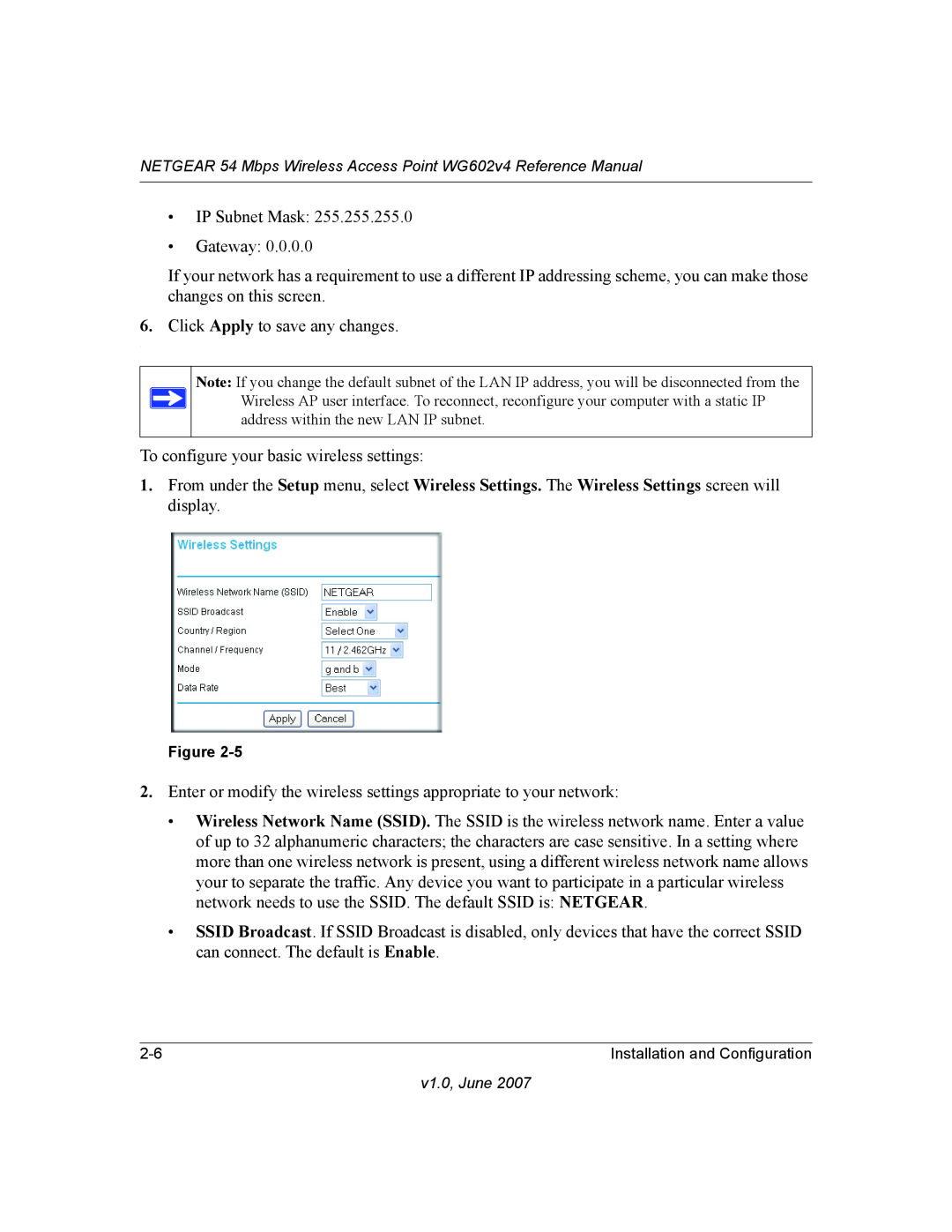 NETGEAR WG602V4 manual IP Subnet Mask Gateway 