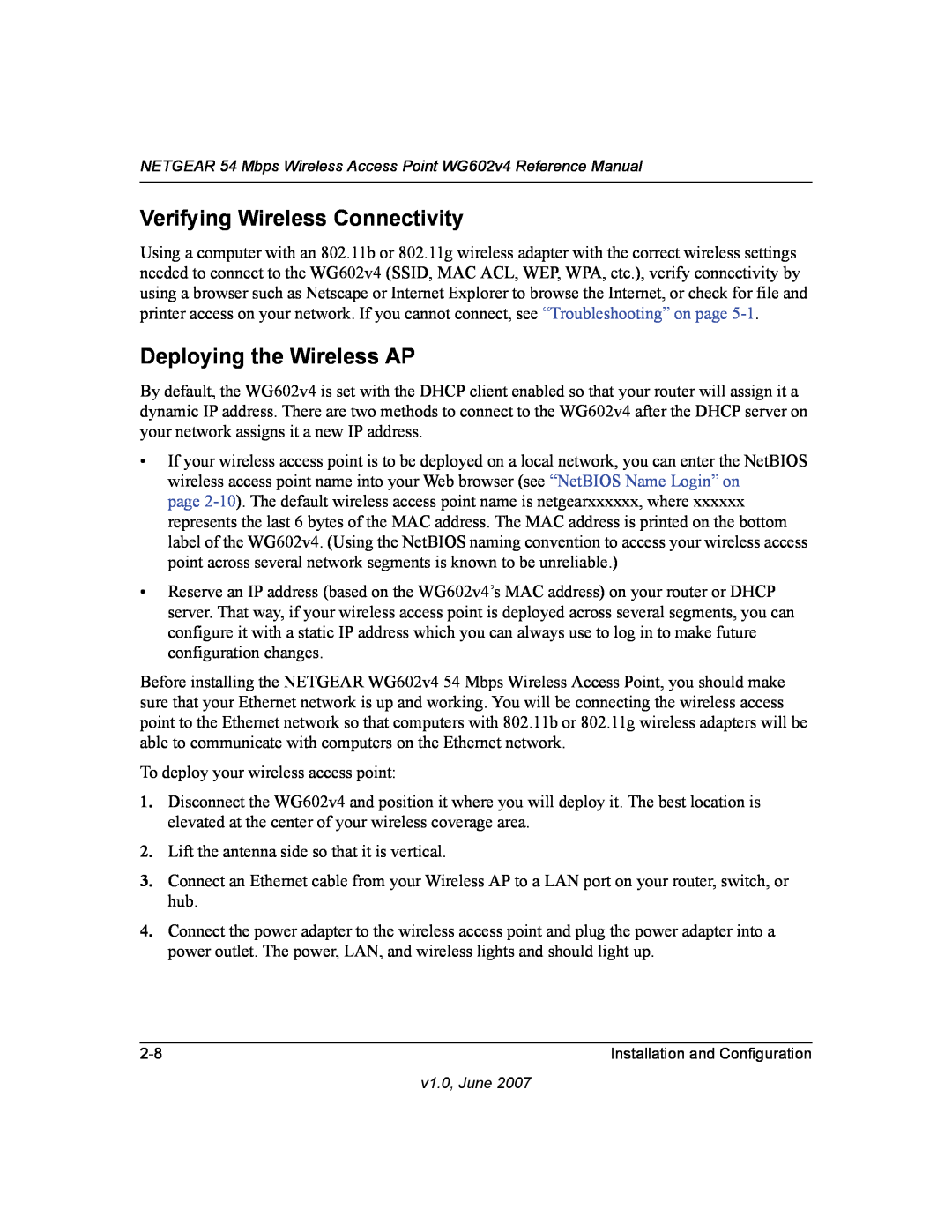 NETGEAR WG602V4 manual Verifying Wireless Connectivity, Deploying the Wireless AP 