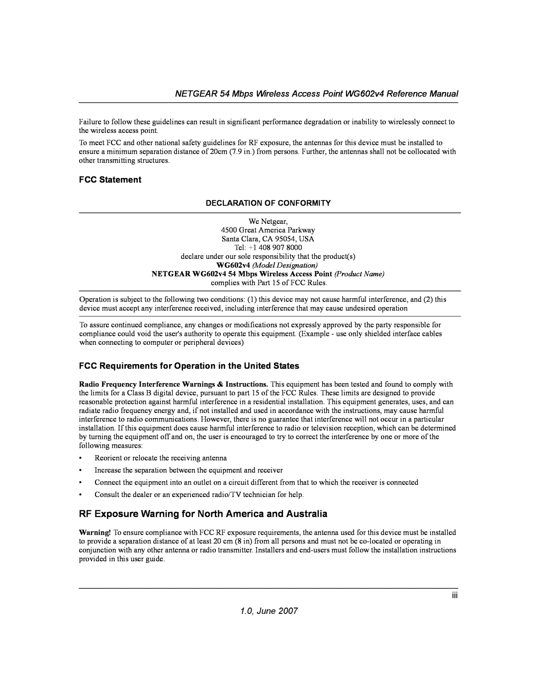 NETGEAR WG602V4 RF Exposure Warning for North America and Australia, FCC Statement, 1.0, June, WG602v4 Model Designation 