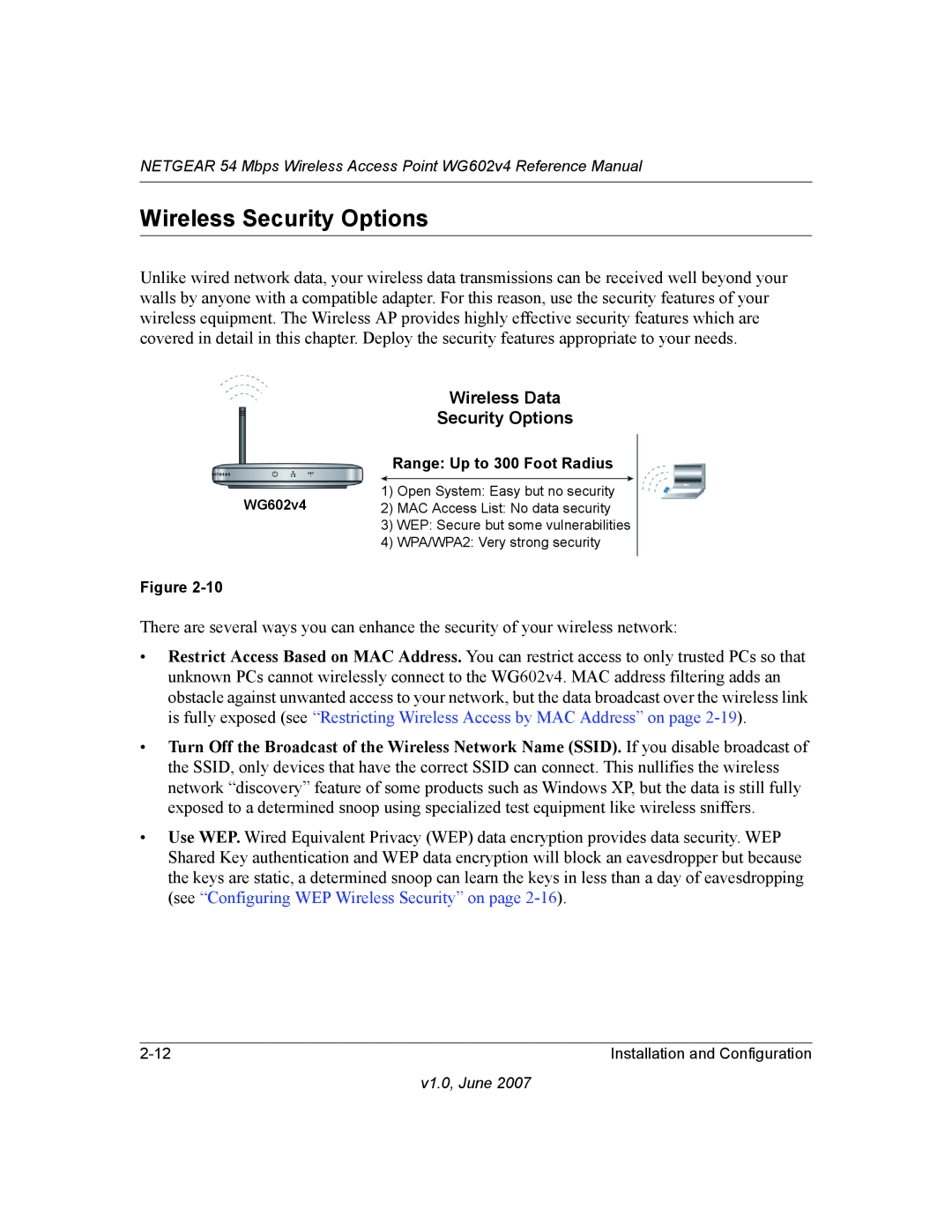 NETGEAR WG602V4 manual Wireless Security Options, Wireless Data 