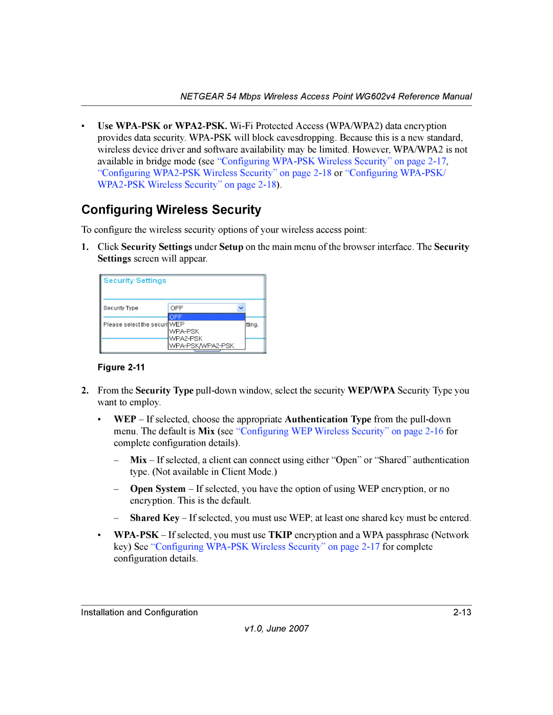 NETGEAR WG602V4 manual Configuring Wireless Security 