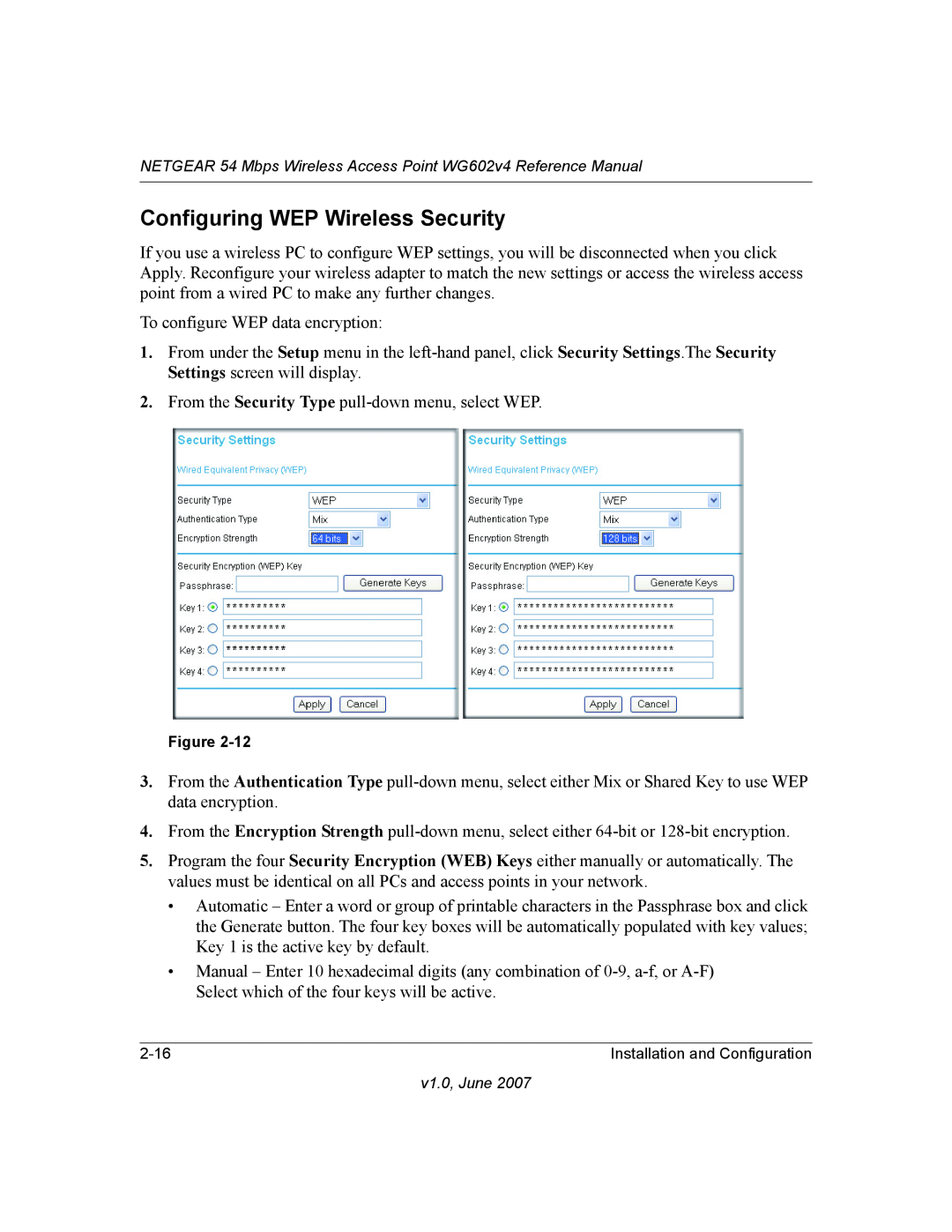 NETGEAR WG602V4 manual Configuring WEP Wireless Security 