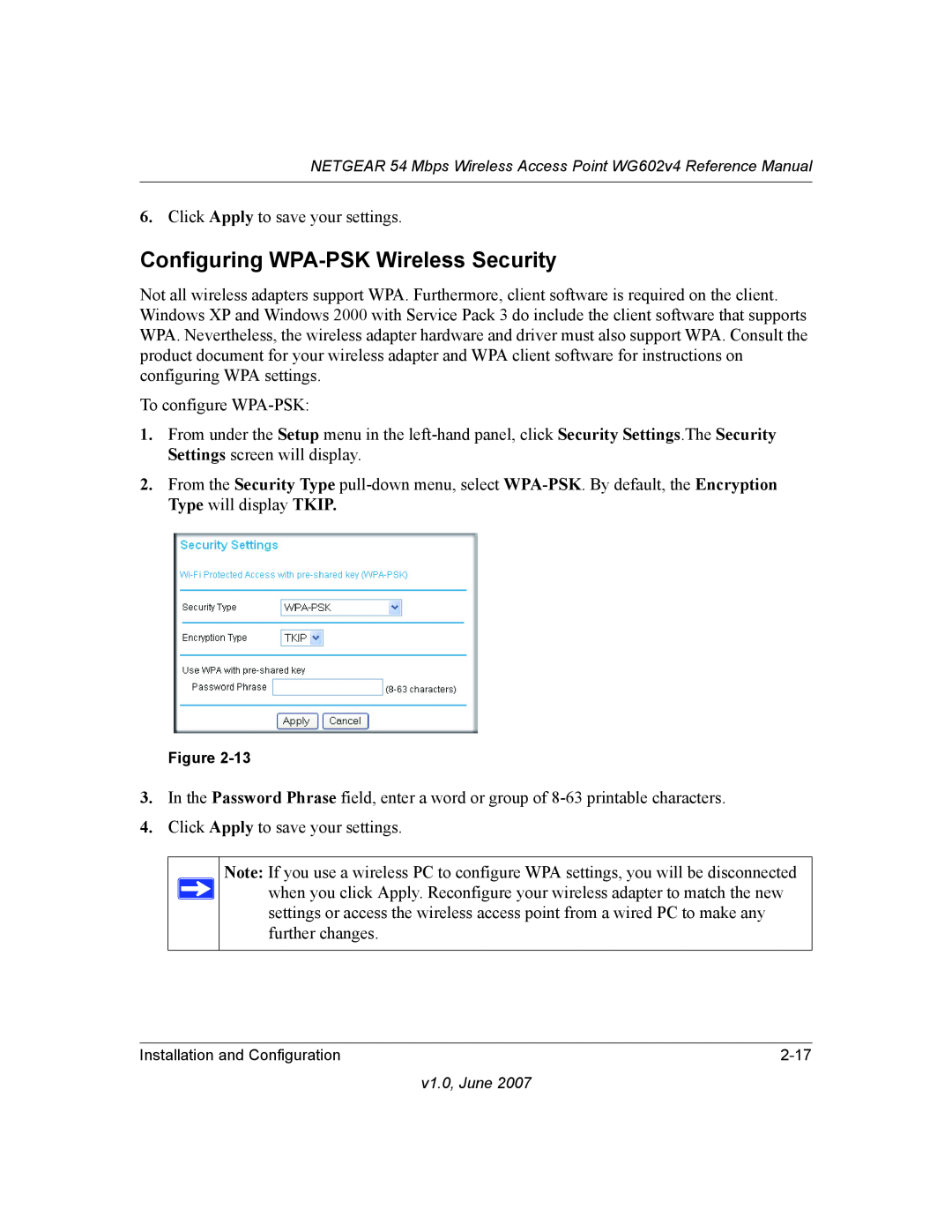 NETGEAR WG602V4 manual Configuring WPA-PSK Wireless Security 