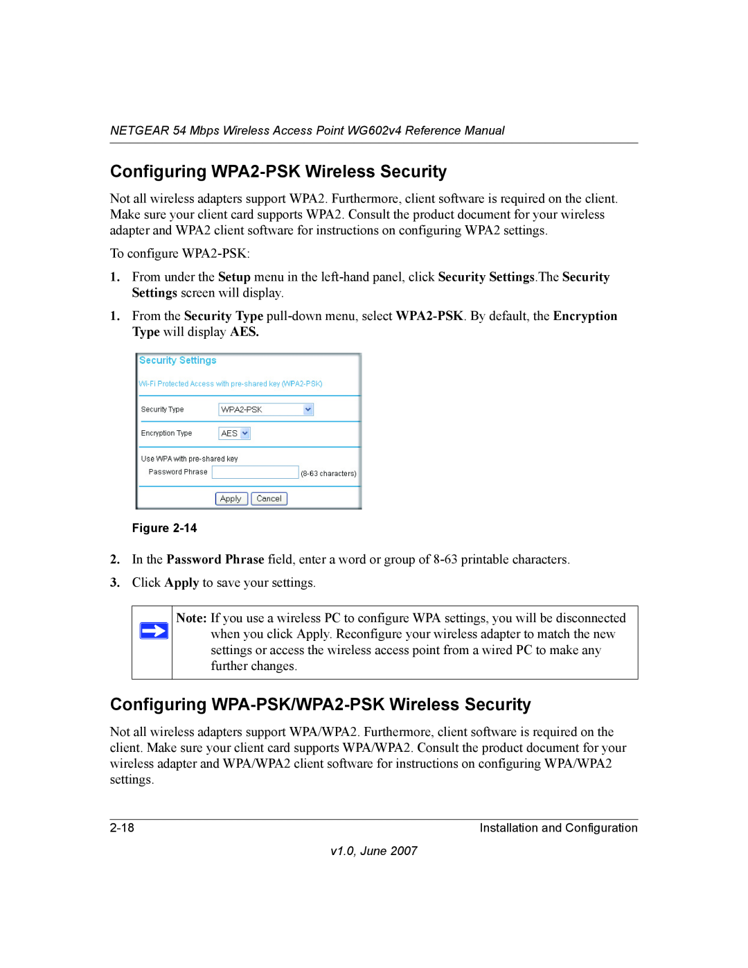 NETGEAR WG602V4 manual Configuring WPA2-PSK Wireless Security, Configuring WPA-PSK/WPA2-PSK Wireless Security 