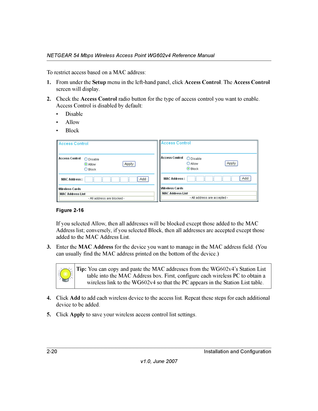 NETGEAR WG602V4 manual To restrict access based on a MAC address 