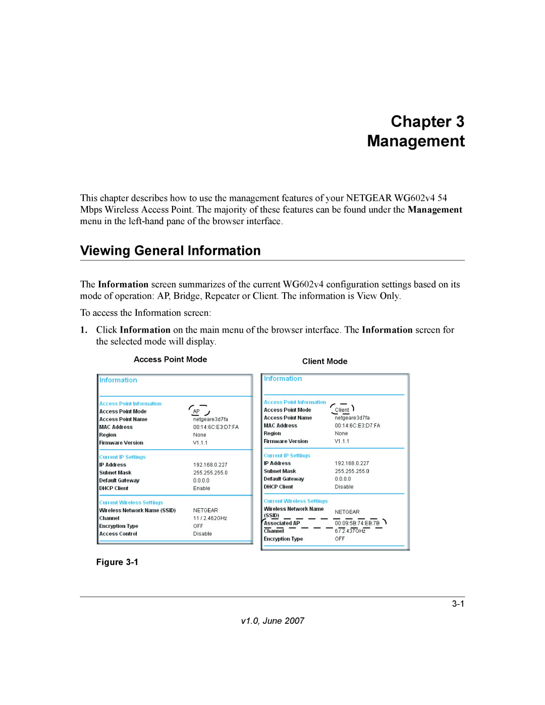 NETGEAR WG602V4 manual Chapter Management, Viewing General Information 