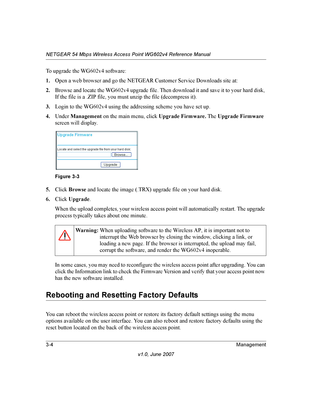 NETGEAR WG602V4 manual Rebooting and Resetting Factory Defaults 