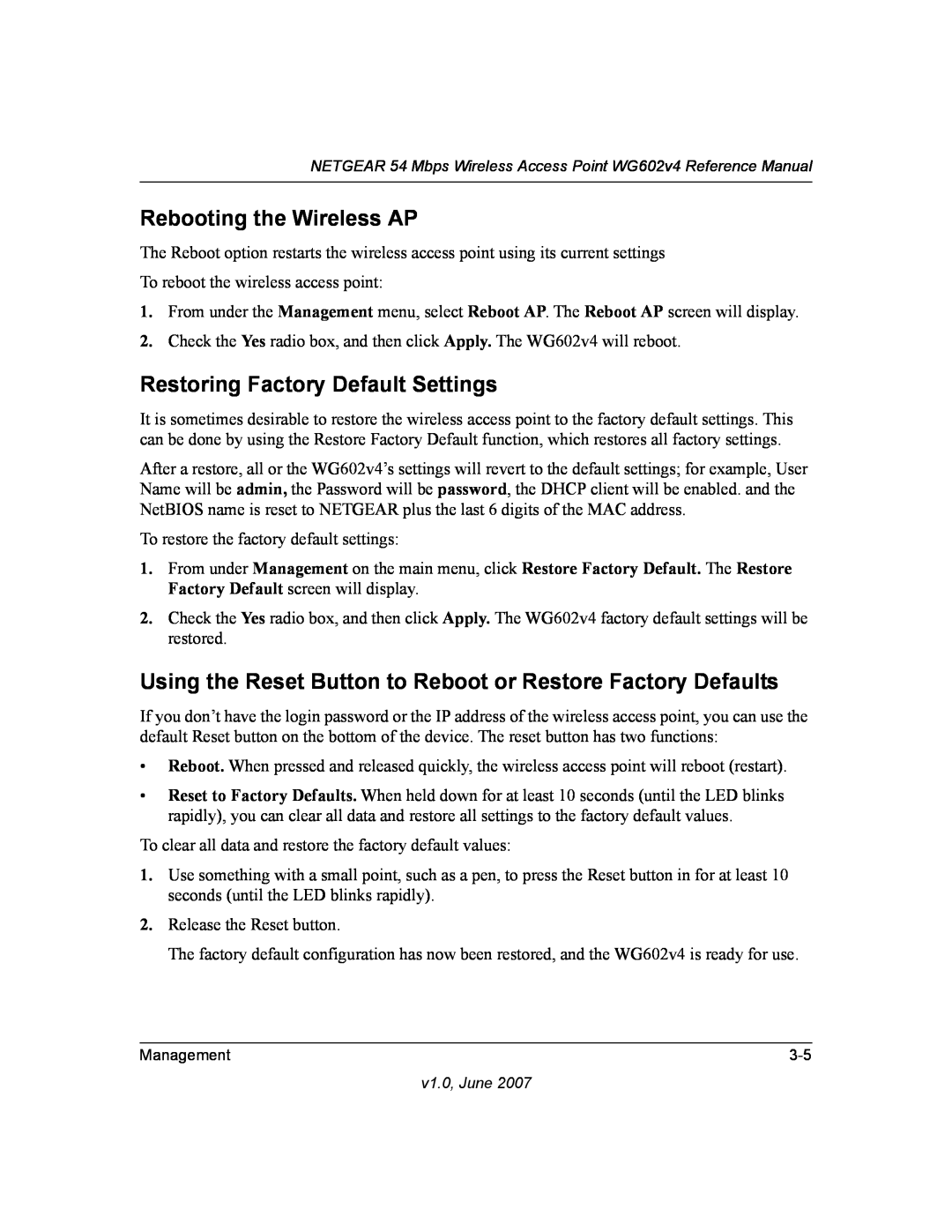NETGEAR WG602V4 manual Rebooting the Wireless AP, Restoring Factory Default Settings 