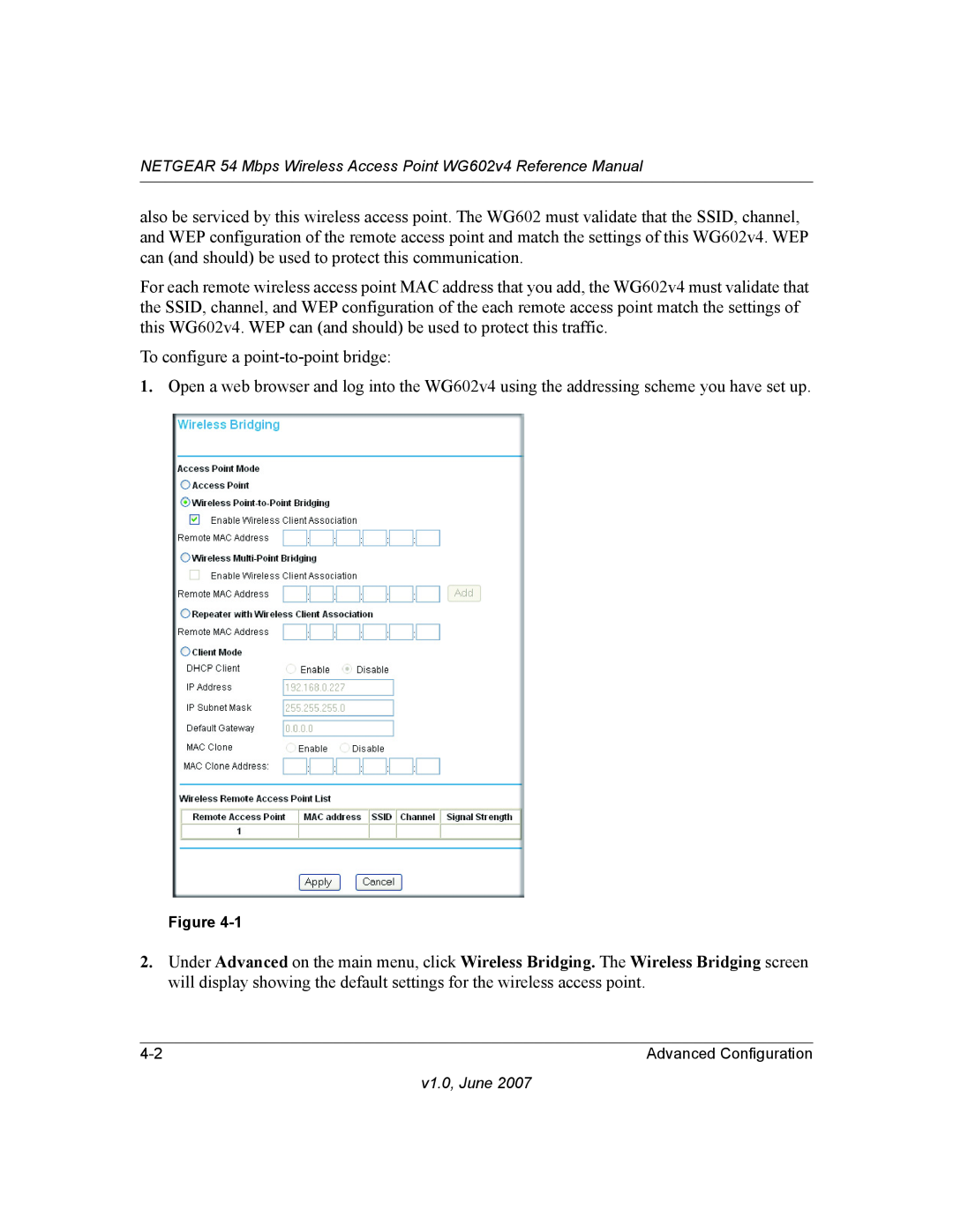NETGEAR WG602V4 manual To configure a point-to-point bridge 