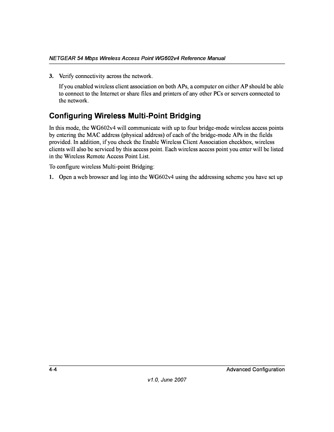 NETGEAR WG602V4 manual Configuring Wireless Multi-Point Bridging 