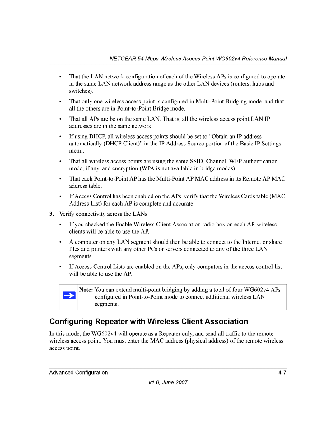 NETGEAR WG602V4 manual Configuring Repeater with Wireless Client Association 