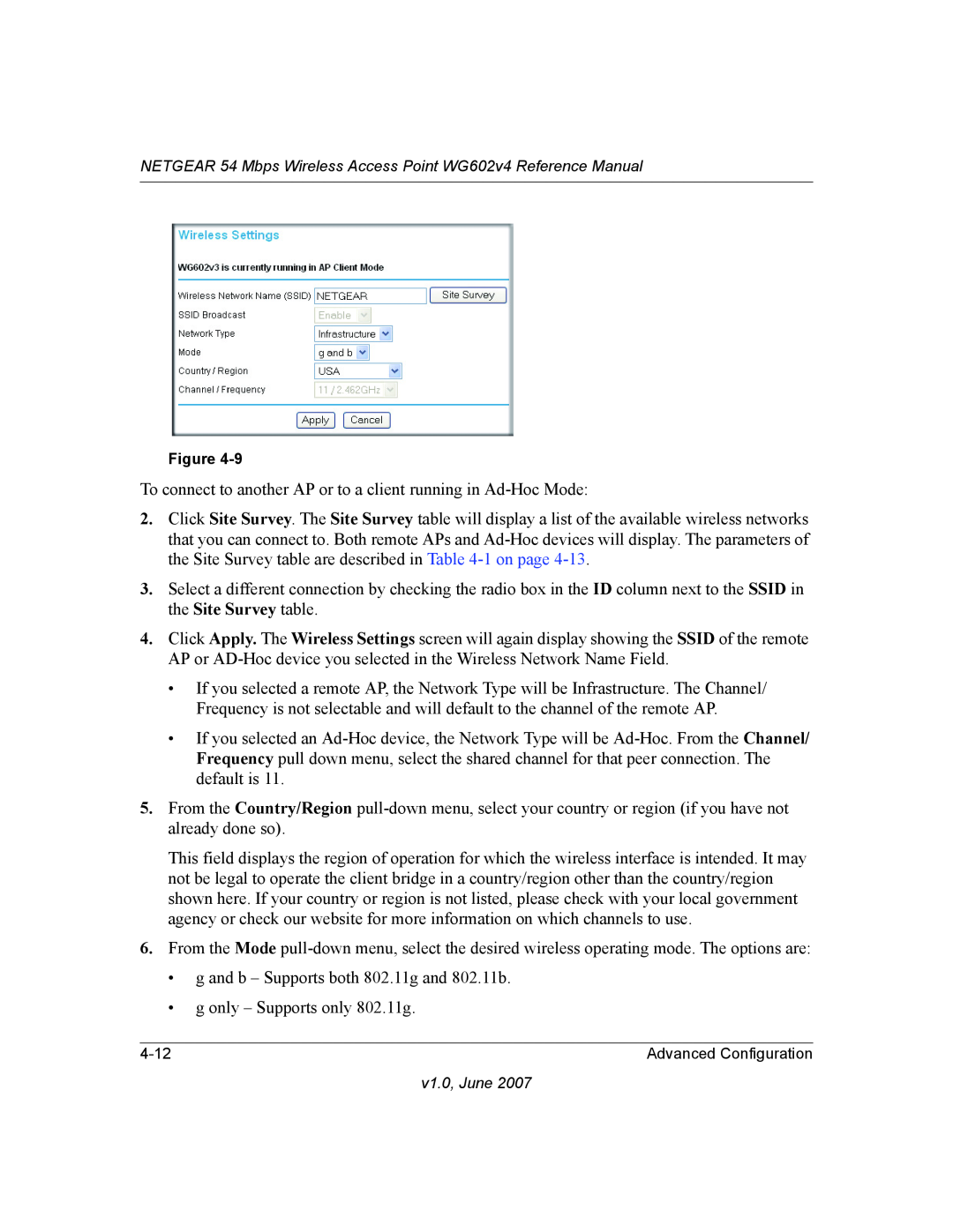 NETGEAR WG602V4 manual To connect to another AP or to a client running in Ad-Hoc Mode 