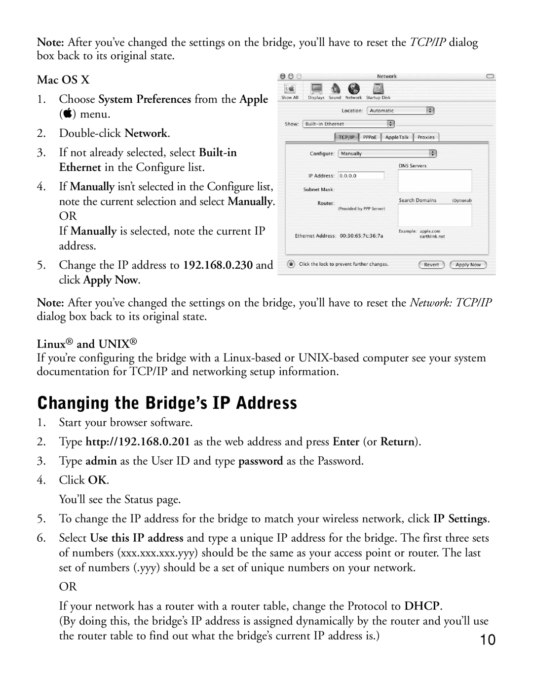 NETGEAR WGE101 Changing the Bridge’s IP Address, Mac OS Choose System Preferences from the Apple  menu, Linux and Unix 