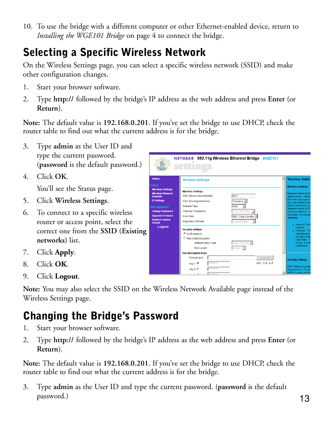 NETGEAR WGE101 manual Selecting a Specific Wireless Network, Changing the Bridge’s Password 