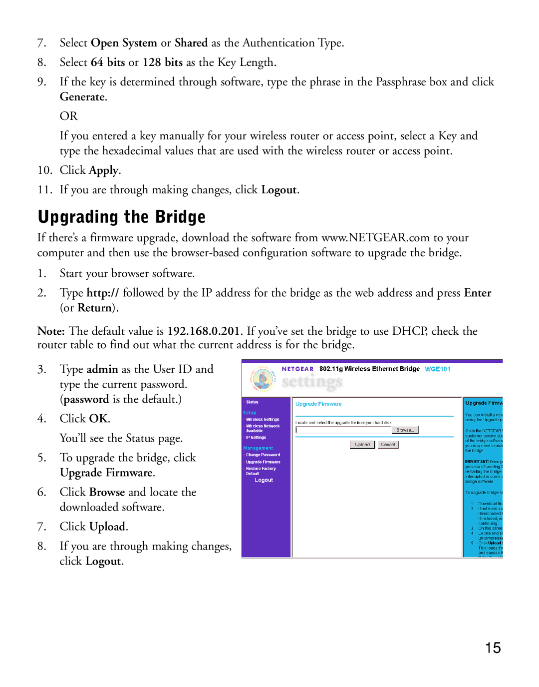 NETGEAR WGE101 manual Upgrading the Bridge 