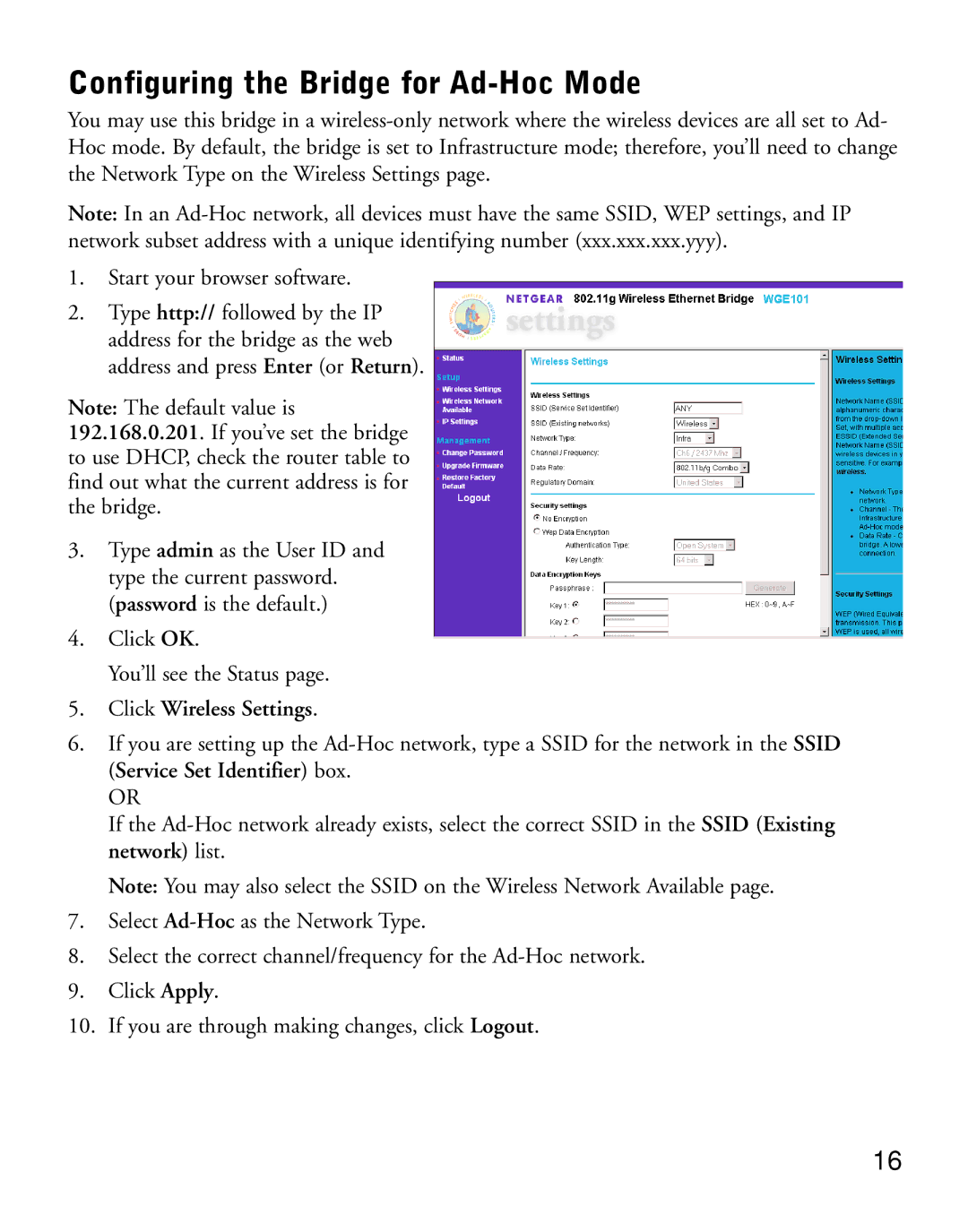 NETGEAR WGE101 manual Configuring the Bridge for Ad-Hoc Mode, Click Wireless Settings 