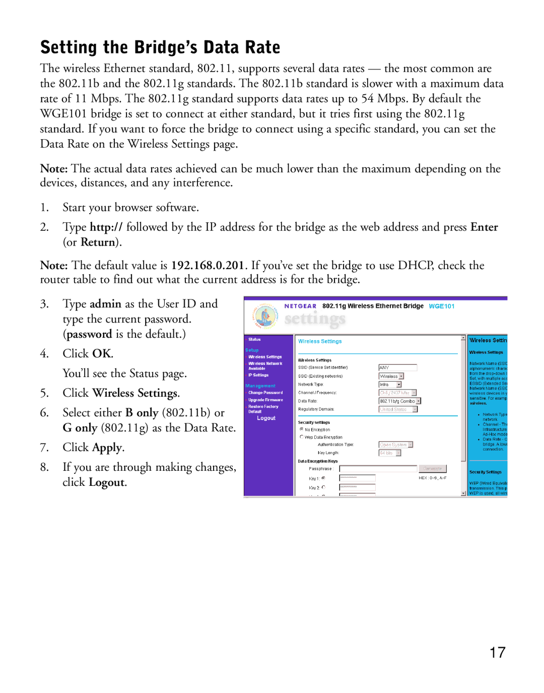 NETGEAR WGE101 manual Setting the Bridge’s Data Rate 