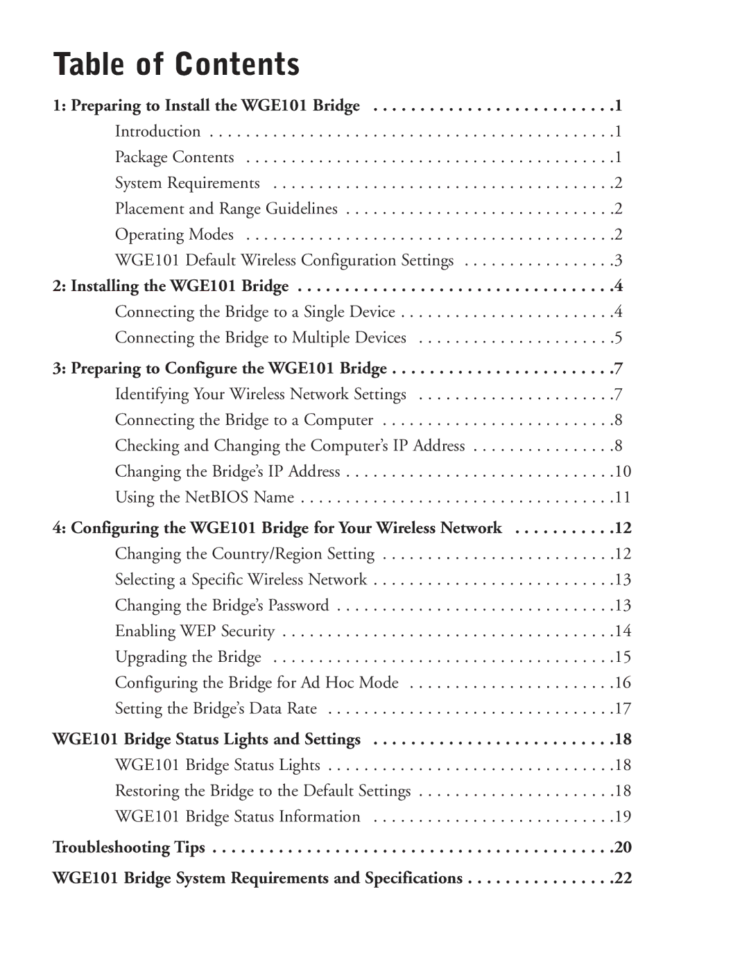 NETGEAR WGE101 manual Table of Contents 