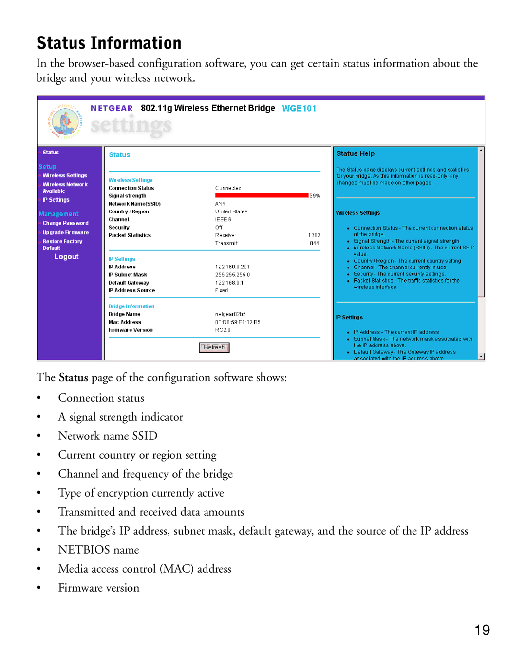 NETGEAR WGE101 manual Status Information 