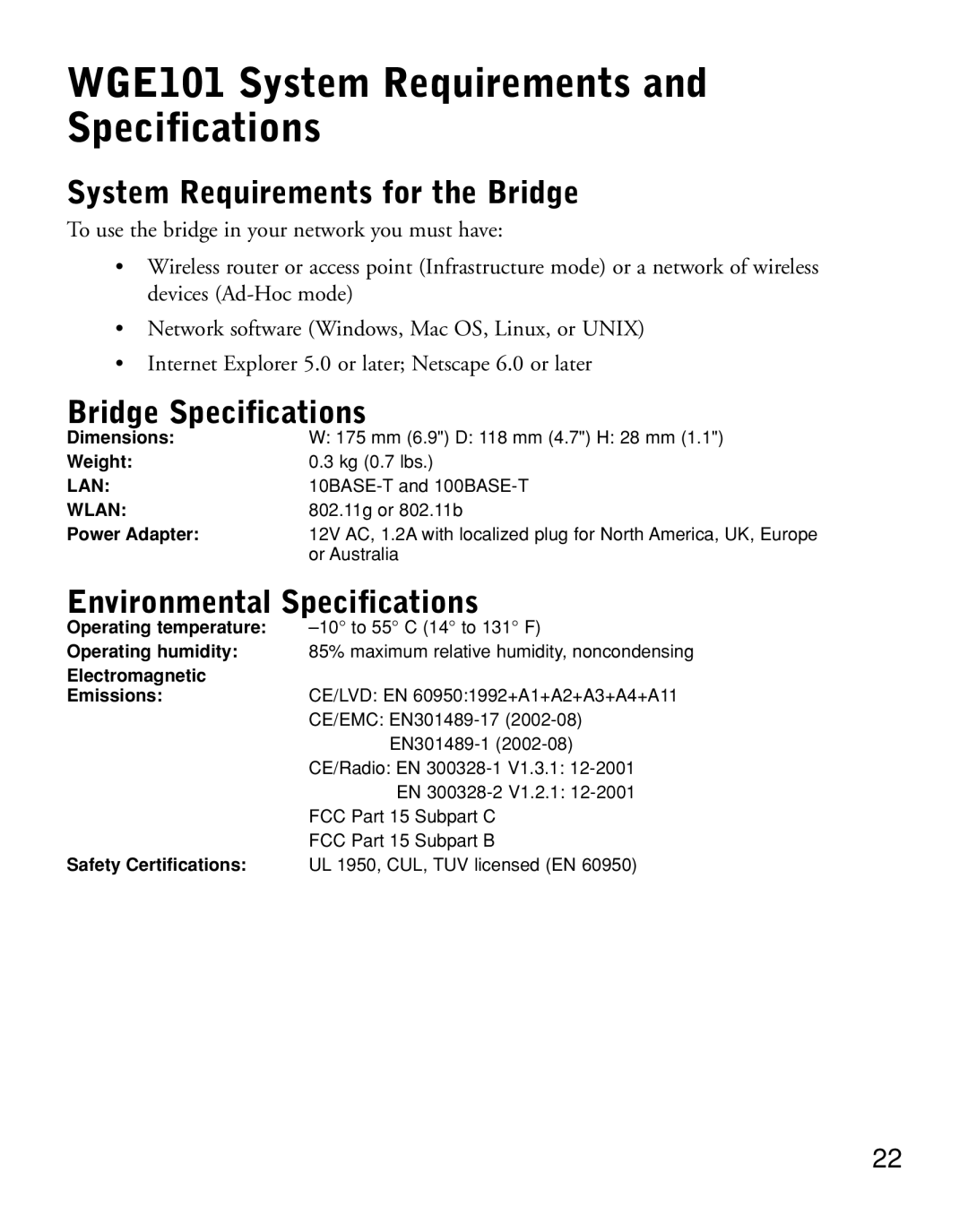 NETGEAR manual WGE101 System Requirements and Specifications, System Requirements for the Bridge, Bridge Specifications 