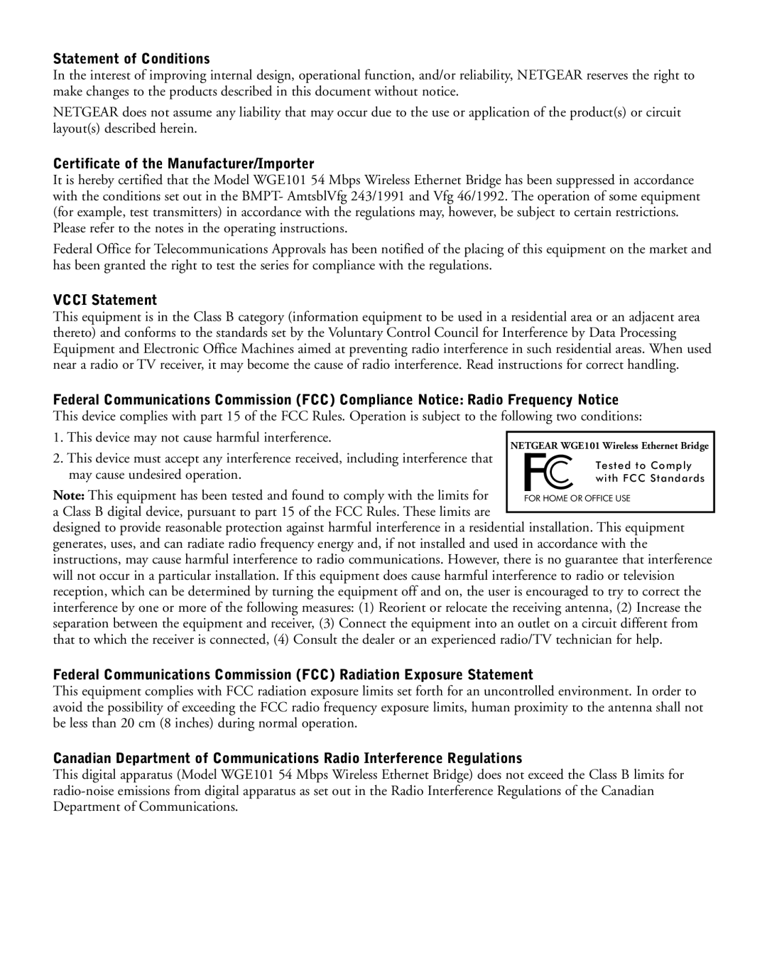 NETGEAR WGE101 manual Statement of Conditions 