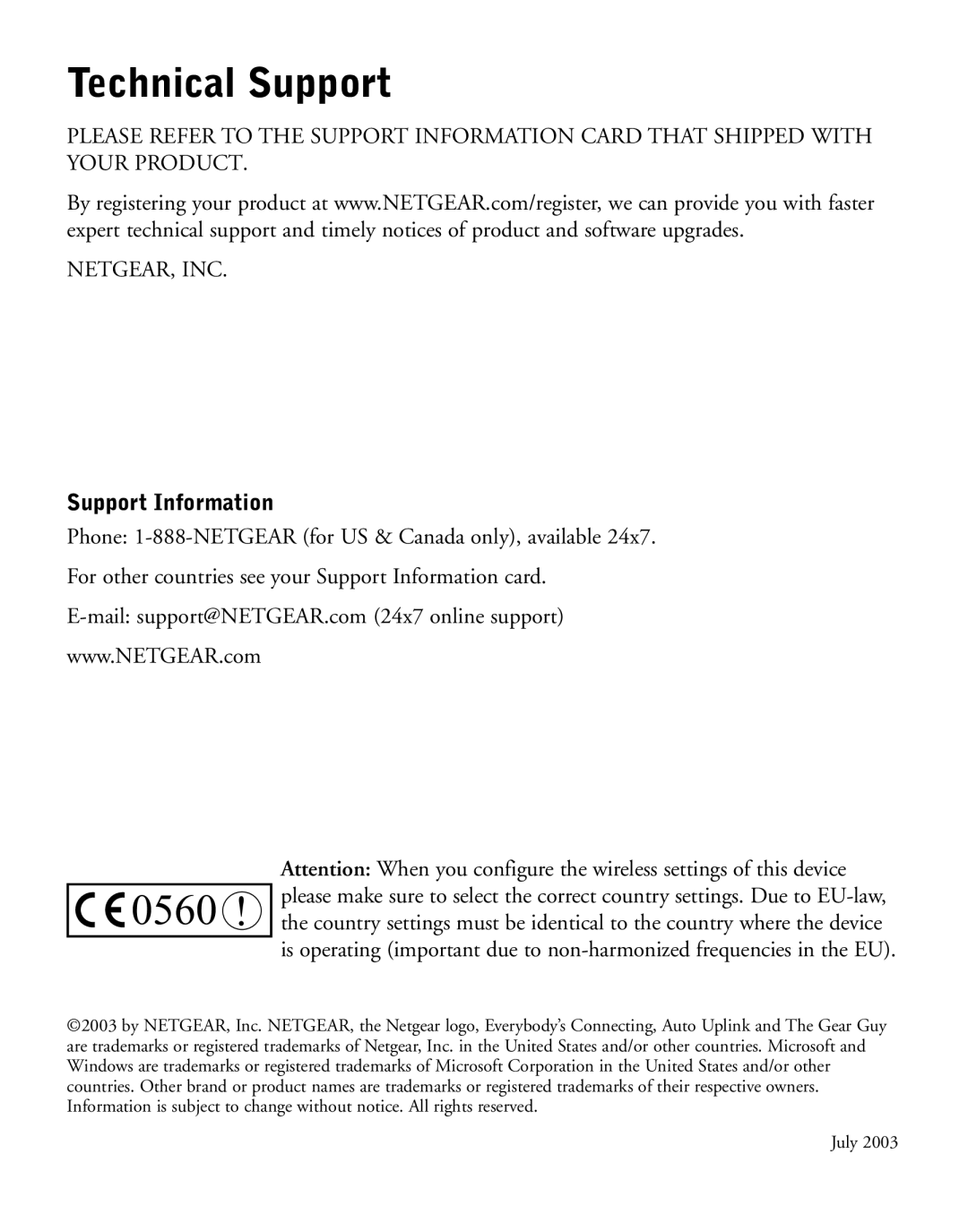 NETGEAR WGE101 manual Technical Support, Support Information 