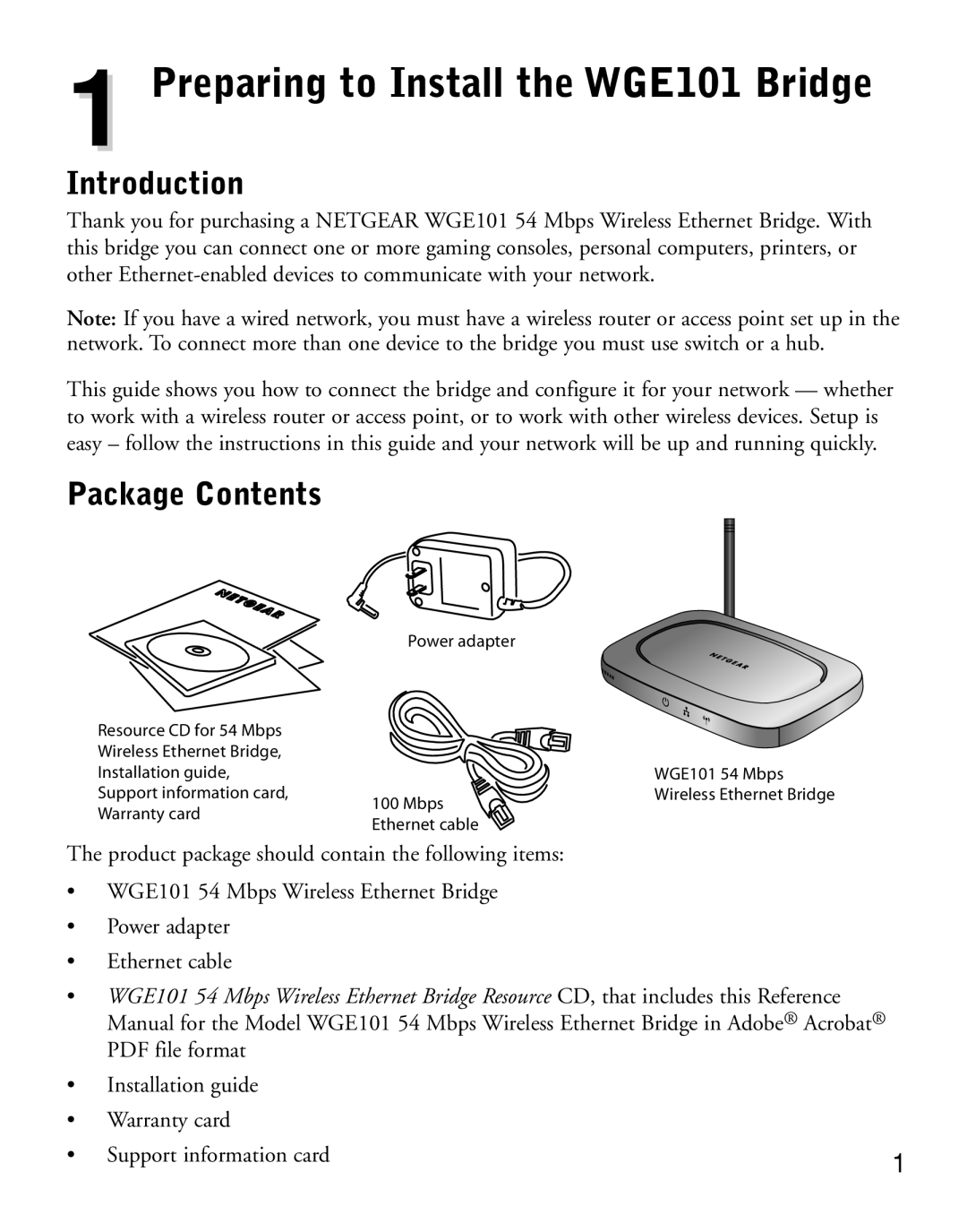 NETGEAR manual Preparing to Install the WGE101 Bridge, Introduction, Package Contents 