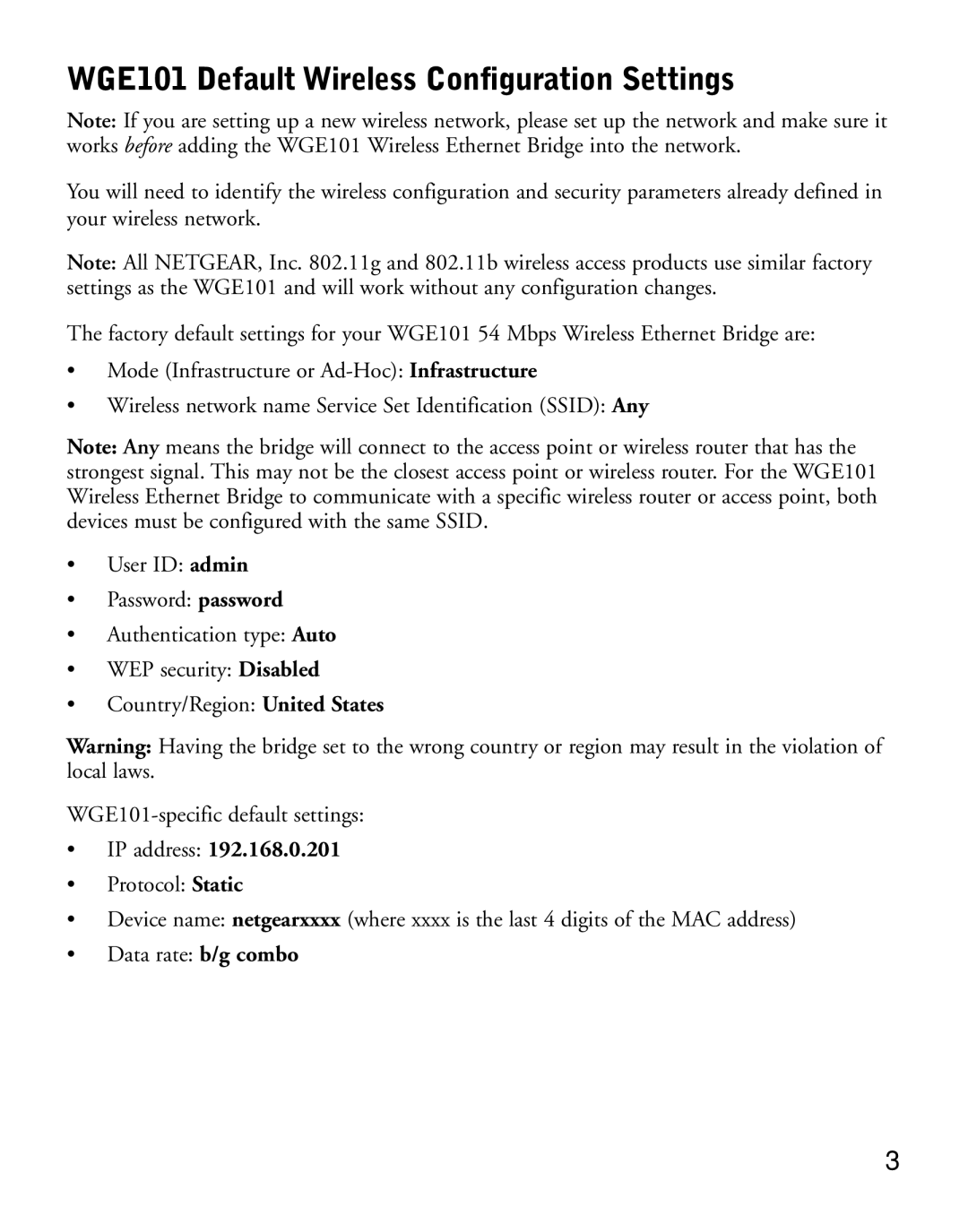 NETGEAR manual WGE101 Default Wireless Configuration Settings, IP address 