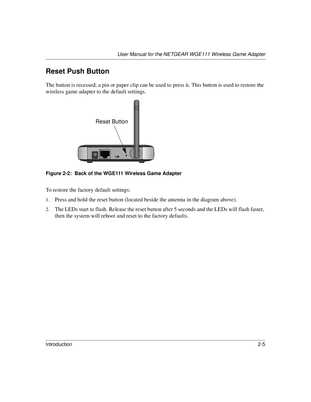 NETGEAR WGE111 user manual Reset Push Button, Reset Button 