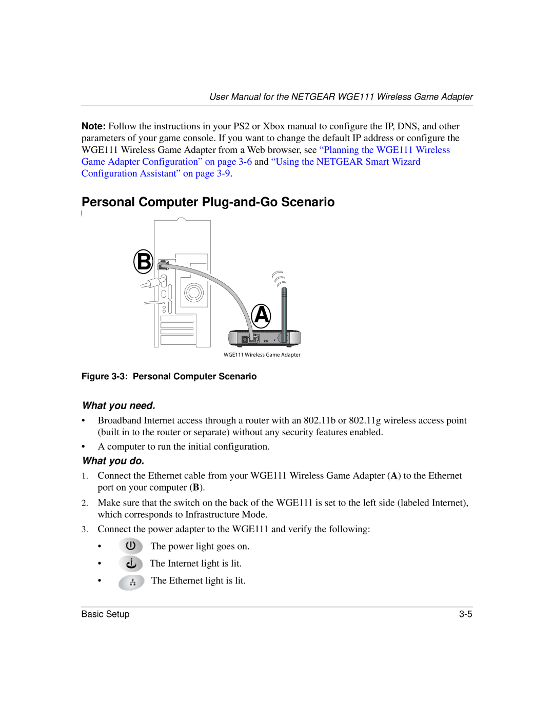 NETGEAR WGE111 user manual Personal Computer Plug-and-Go Scenario 