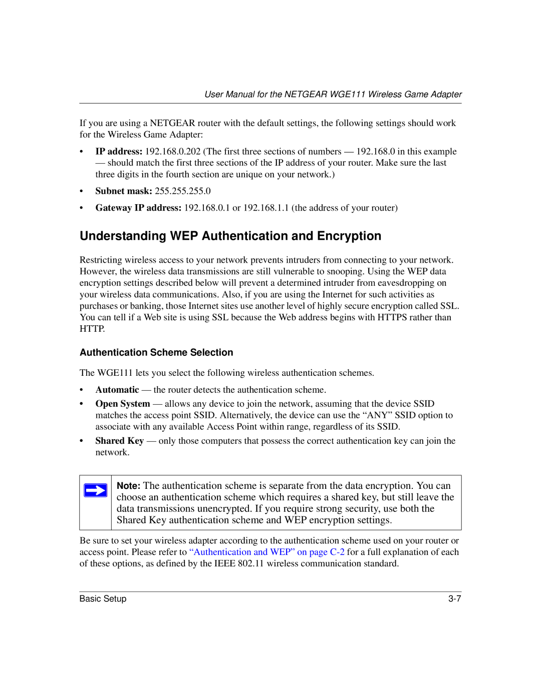 NETGEAR WGE111 user manual Understanding WEP Authentication and Encryption, Subnet mask, Authentication Scheme Selection 