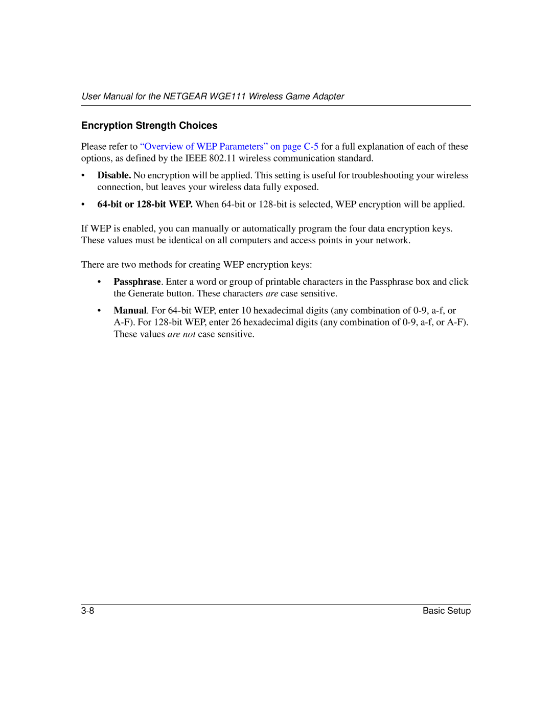 NETGEAR WGE111 user manual Encryption Strength Choices 